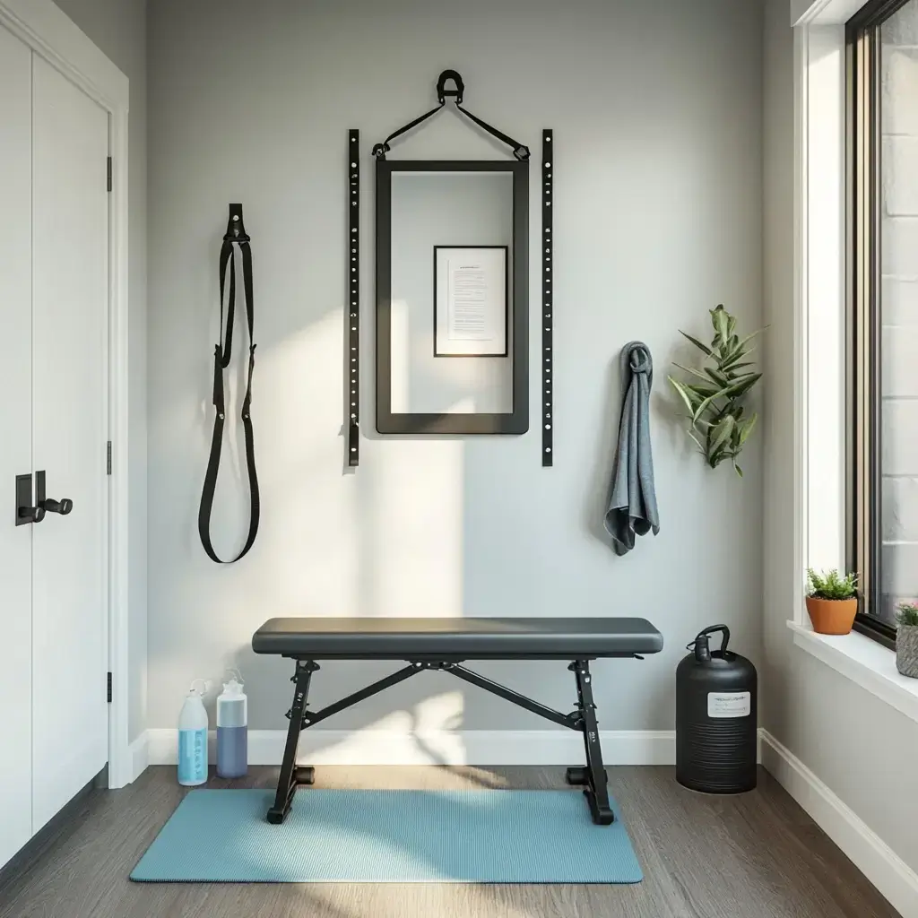 A minimalist home gym setup demonstrating the minimum size for a home gym with space-saving equipment.