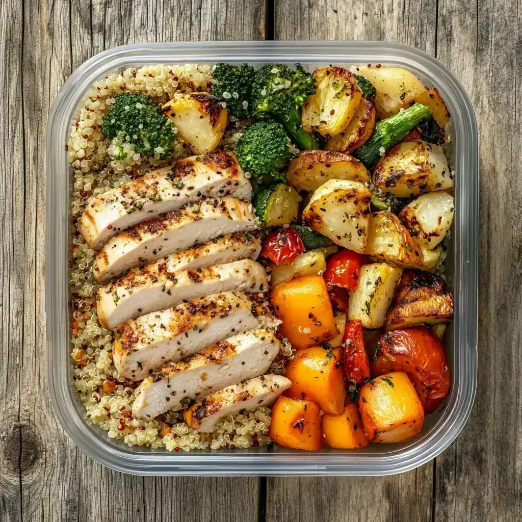 A healthy meal prep container with grilled chicken, quinoa, and roasted vegetables, tracked in a free weight loss app.