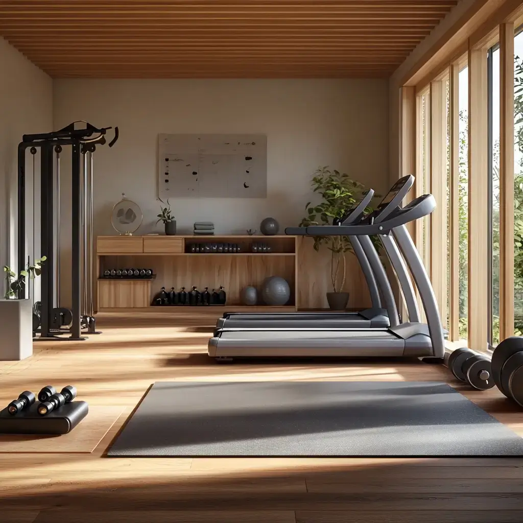 Modern home gym with treadmills, weights, and home exercise equipment in a bright, spacious room.