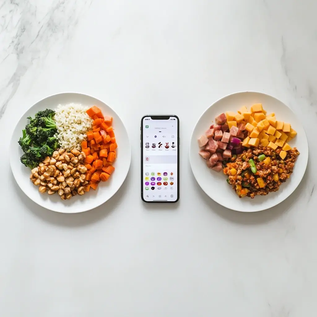 Two plates of food with a smartphone, symbolizing meal tracking in Lifesum free vs premium.