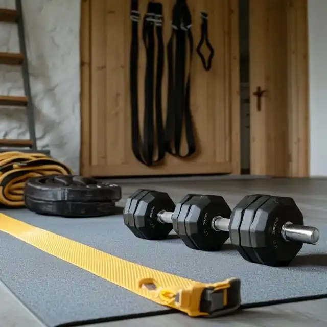 Dumbbells and resistance bands on a mat highlighting dumbbells vs. resistance bands comparison.