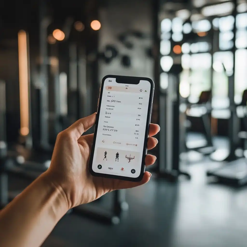 Hand holding a phone showing a fitness app powered by an ai workout plan generator free.