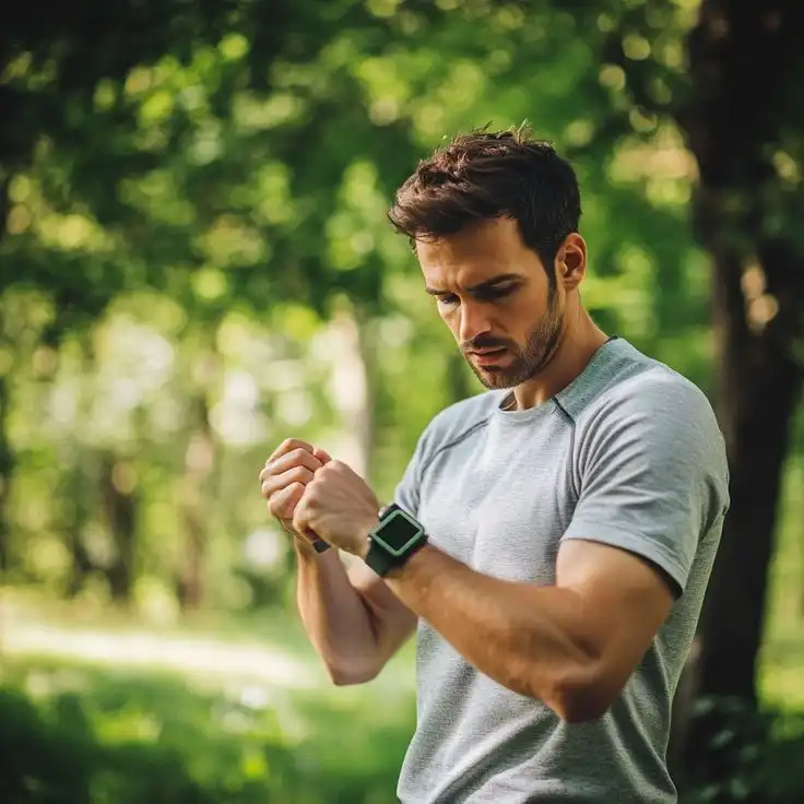Man using wearable fitness tracker to monitor strength training during a biohacking workout.