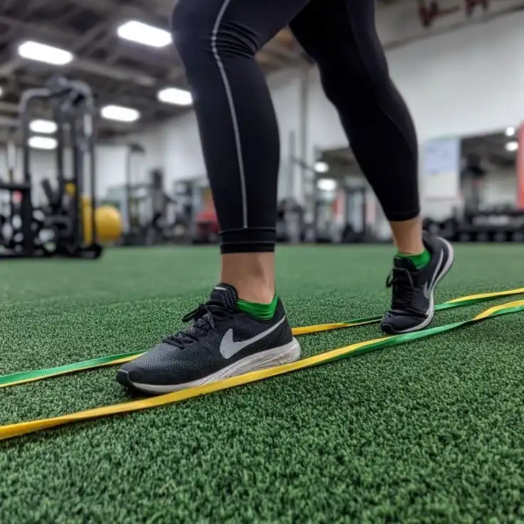 Person using resistance bands during a workout without a gym membership on indoor turf.