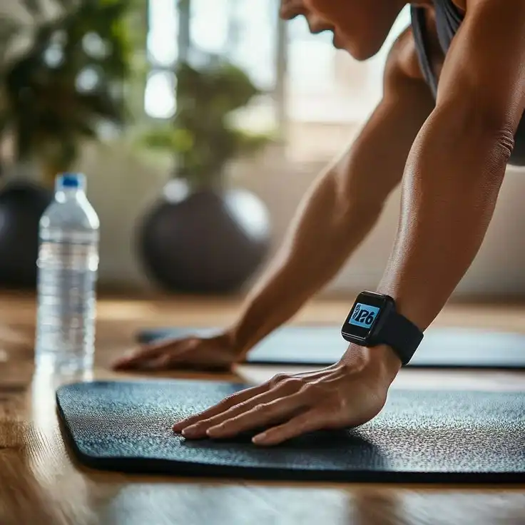 A person doing a push-up on a yoga mat while wearing a smartwatch, showing real-time fitness data in a home setting, perfect for a biohack for beginners routine.
