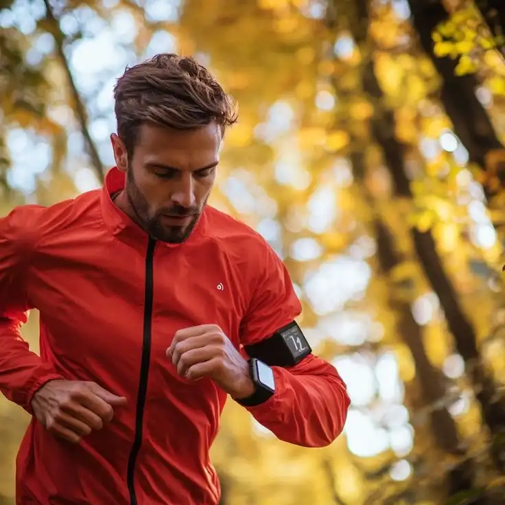 Man running in autumn woods wearing a smart fitness tracker to monitor heart rate and performance in real-time.