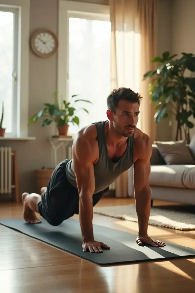 Man working out on a yoga mat in a home setting preparing for core training with resistance bands.