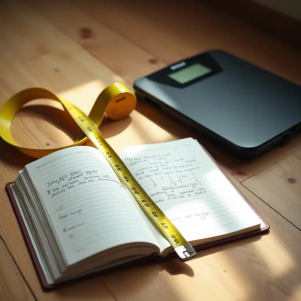 Fitness journal with tape measure and scale used to track progress from resistance bands workouts.