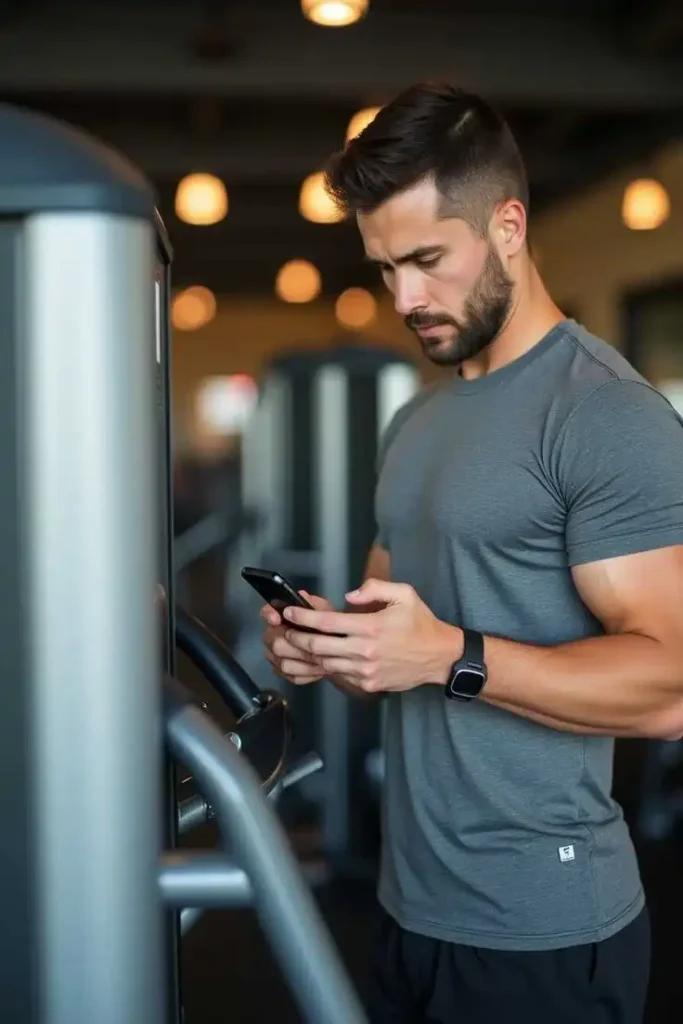 Man checking fitness app on smartwatch and phone during workout without a gym membership.