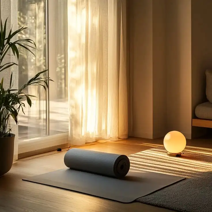 A peaceful home space with natural light, a yoga mat, and ambient lighting, ideal for creating a wellness zone in a biohack for beginners lifestyle.