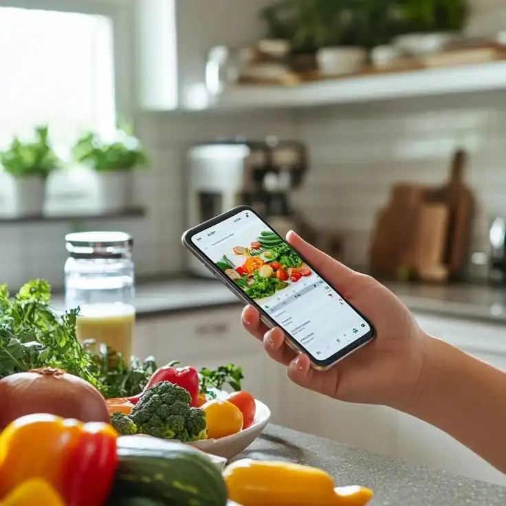 A hand holding a smartphone with a healthy meal planning app beside fresh vegetables, illustrating smart eating in a biohack for beginners approach.