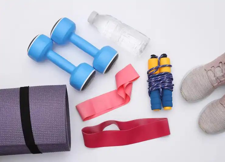 Flat lay of workout gear including resistance bands, dumbbells, and a jump rope for home fitness routines.