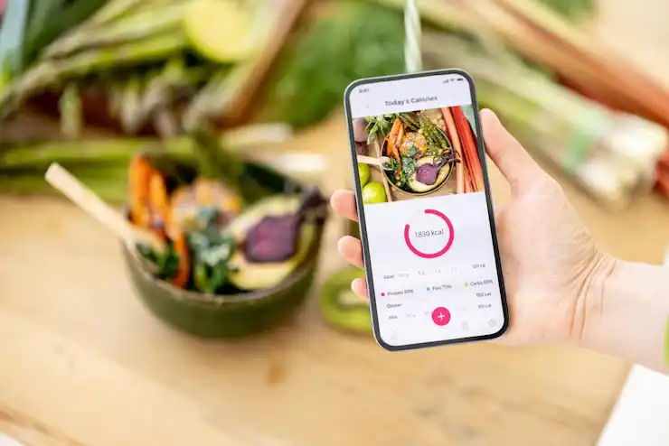 Calorie tracking app and nutrient-rich meal used to support a biohacking workout for strength optimization.