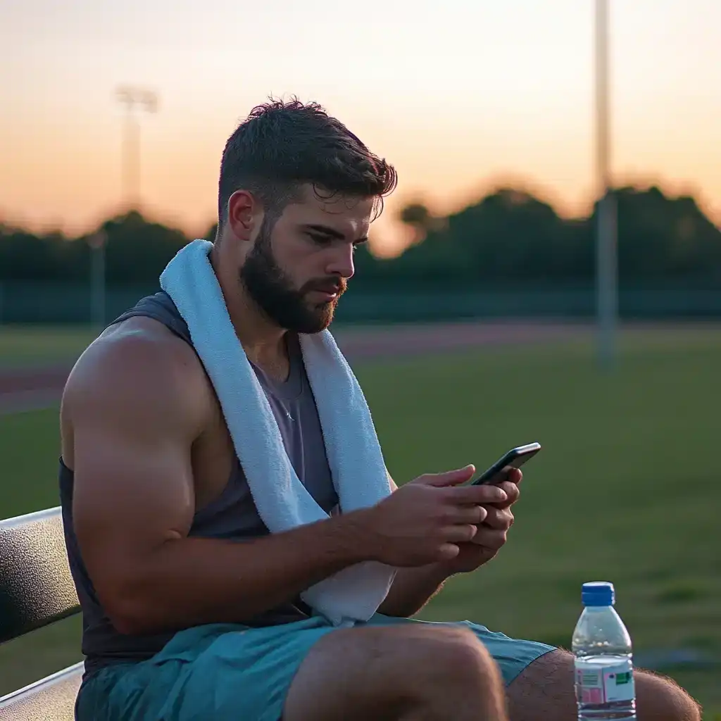 Runner using a strength training app for runners after a track workout.