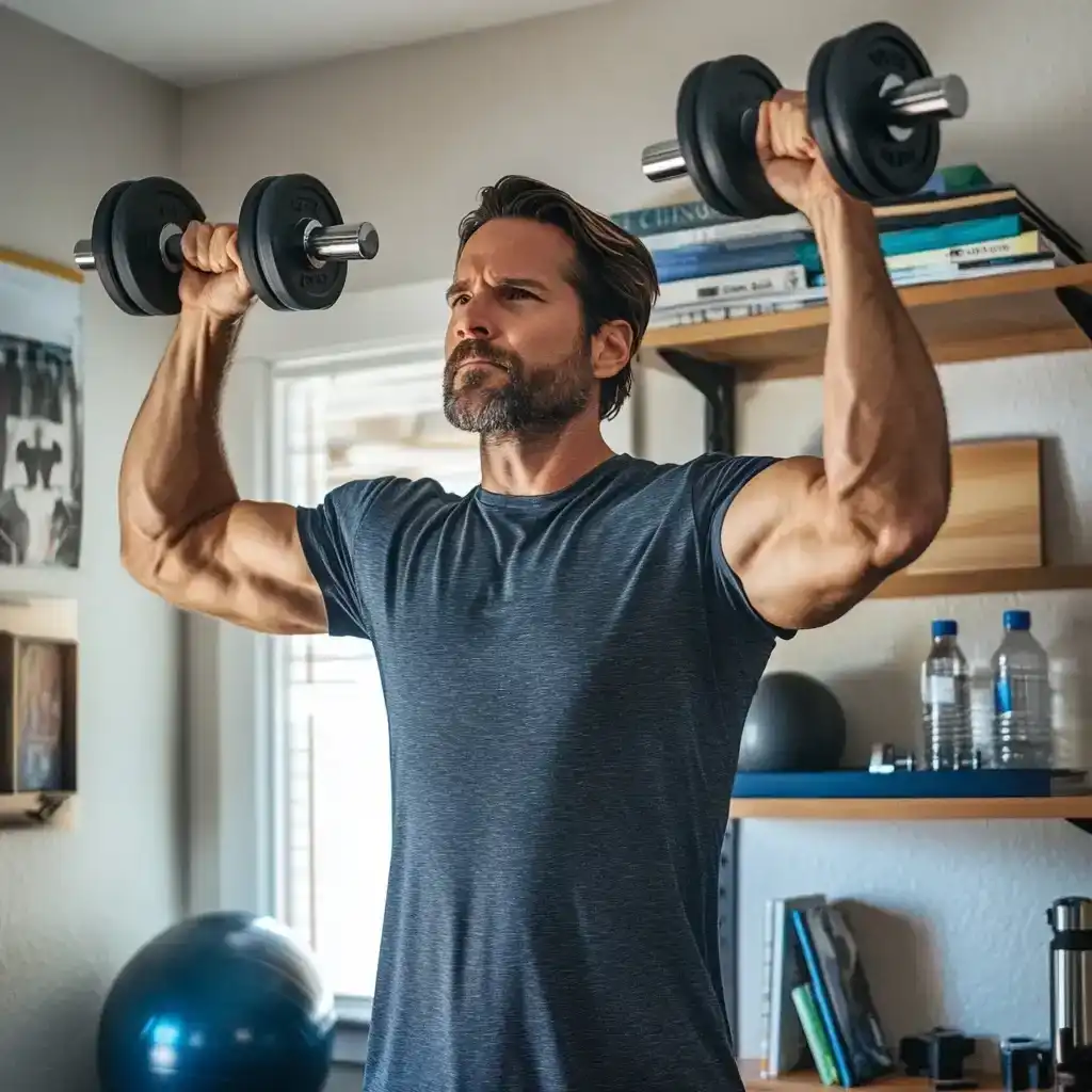 Man using adjustable dumbbells as part of his home workout equipment routine.