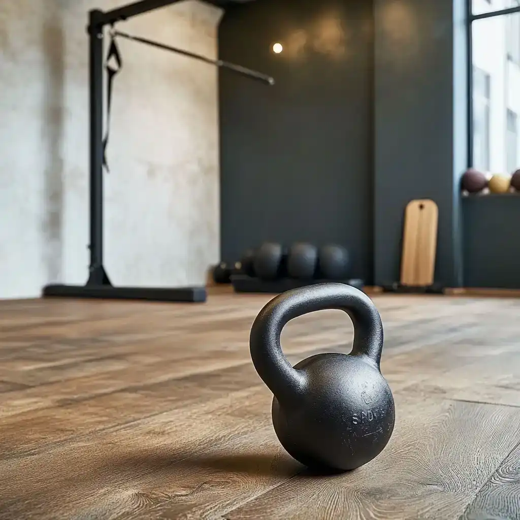 Kettlebell on gym floor as part of essential home workout equipment for strength training.